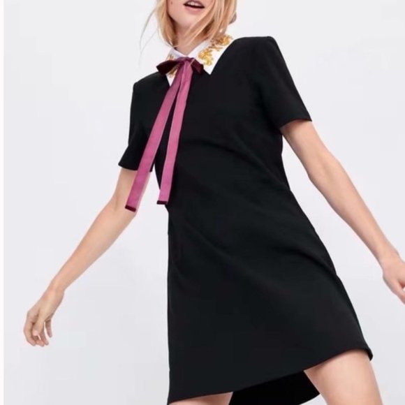 ZARA Black White Collar Pussy Bow Smock Mini Dress - Picture 2 of 14